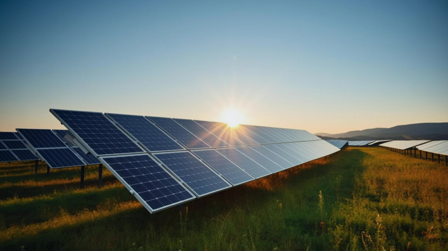 Solar farm with panels under clear sky